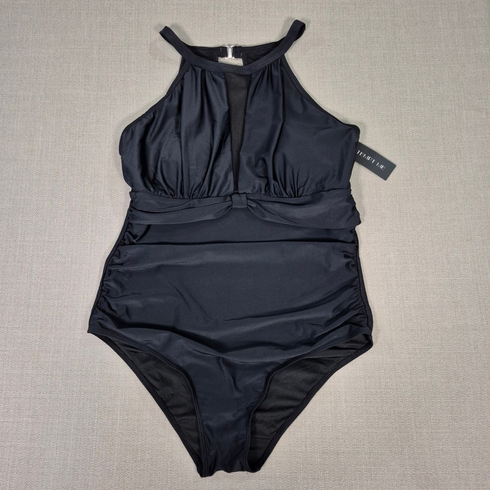 Tempt Me Womens Black High Neck Mesh Ruched Tummy Control One Piece Swimsuit XL